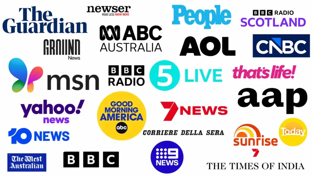 A wall of media logos to showcase where Andy Donaldson 's swim generated media coverage.